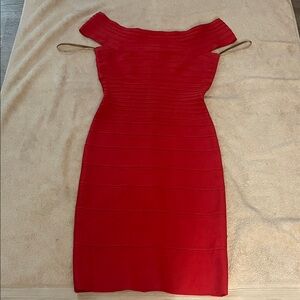 Herve Leger Elegant Red Off-Shoulder Dress- zipper down the back